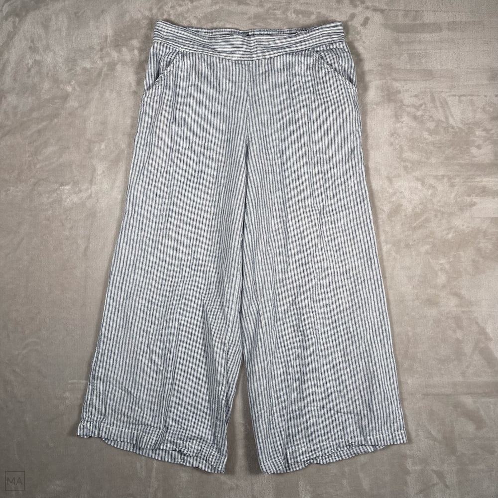 Max Studio Womens Pants Pull On Cropped Stripes Linen Blend Coastal L Blue/White
